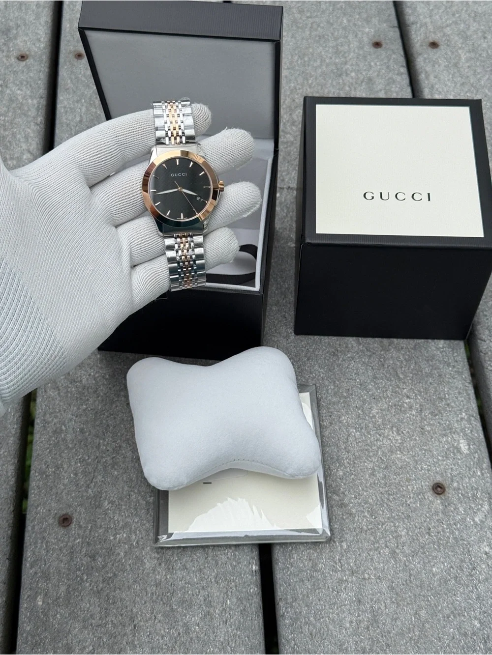 Gucci G TIME Two-Tone Silver and Rose Gold Watch with Black Dial unisex